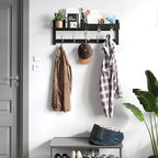 AMBIRD Wall Hooks with Shelf, 26.57 Inch Entryway Wood Coat Hooks for Wall, Coat Rack Wall Mount Rack with 5 Dual Hooks 3 Key Hooks Mail Organizer and Key Rack Key Holder (Black)