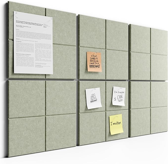 Bumusty Large Cork Board Alternative-36 x24 Felt Bulletin Board Tiles, with 30 Pushpins, 40 Adhesive Tabs, 6-Pack Slat Wall Paneling, Cork Boards for Office Push Pin Board Felt Board-Sage