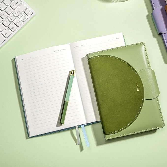 CAGIE Lined Journal for Women, 100GSM Leather Journals for Writing with Buckle Closure,A5 Hardcover Diary Journaling Notebooks for Business Work School Note Taking 5.9" x8.59 (Green)