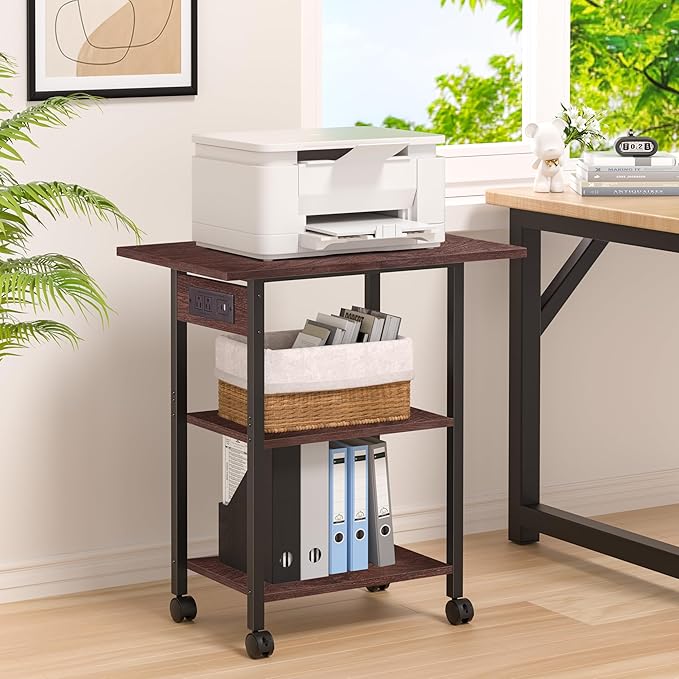 Lerliuo 3-Tier Printer Stand with Charging Station, Industrial Mobile Printer Table with Storage Shelf and Steel Frame, Rolling Printer Cart Holder with Lockable Wheels for Home, Office (Walnut)