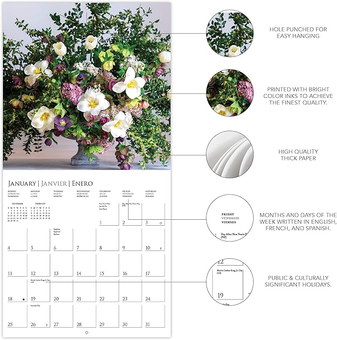 Graphique 2026 Garden Bouquets Mini Wall Calendar | 7” x 7” | Thick Paper | Home & Office Organizer | Large Monthly Grid | 3 Languages & Marked Holidays | 4 Month Preview Page for 2027
