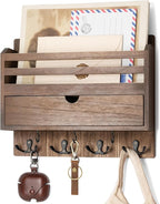 Rebee Vision Farmhouse Wood Mail Organizer Wall Mount - Key and Mail Holder for Wall with Storage Drawer and 7 Key Hooks - Rustic Home Decor for Entryway, Office and Garage (Retro Brown)