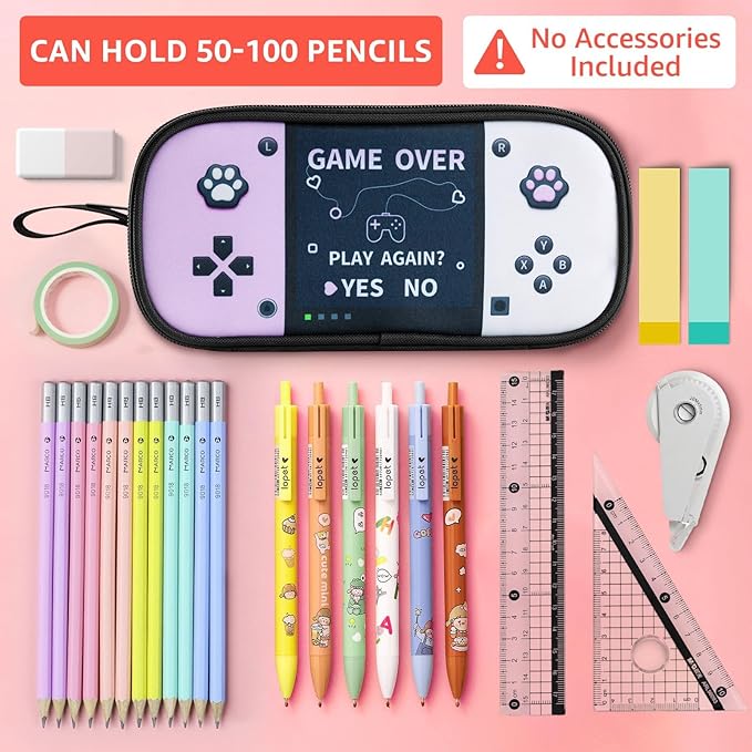 Easozoom Large Game Controller Pencil Case for Teen girl Kid Capacity Pen Box Pouch Organizer Holder Bag with 3 Compartments & Zipper School College Office Supplies (1PCS Pencil Case) (Purple&White)