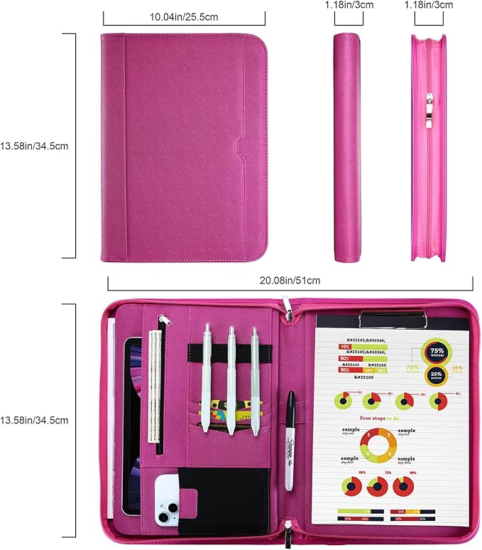 ProCase Portfolio Business Padfolio Folder with Zipper, Conference Meeting Executive File Legal Document Organizer with Pockets Letter Size A4 Writing Pad Notepad Padfolio -Magenta