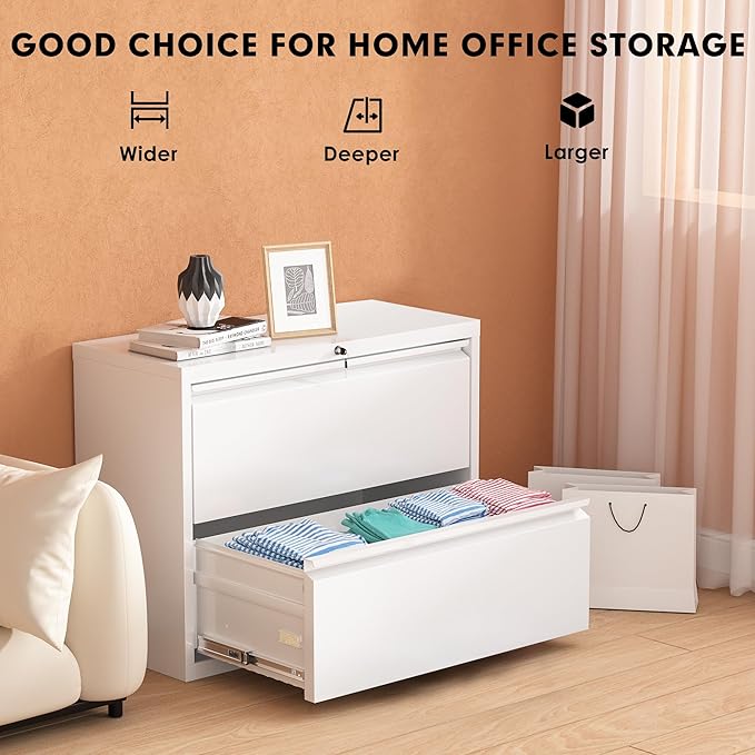 Pataku Lateral File Cabinet, 2 Drawer File Cabinet with Lock, White Filing Cabinets for Home Office, Metal File Cabinet for Hanging Files/Letters/Legal/F4/A4(2Drawer/White)