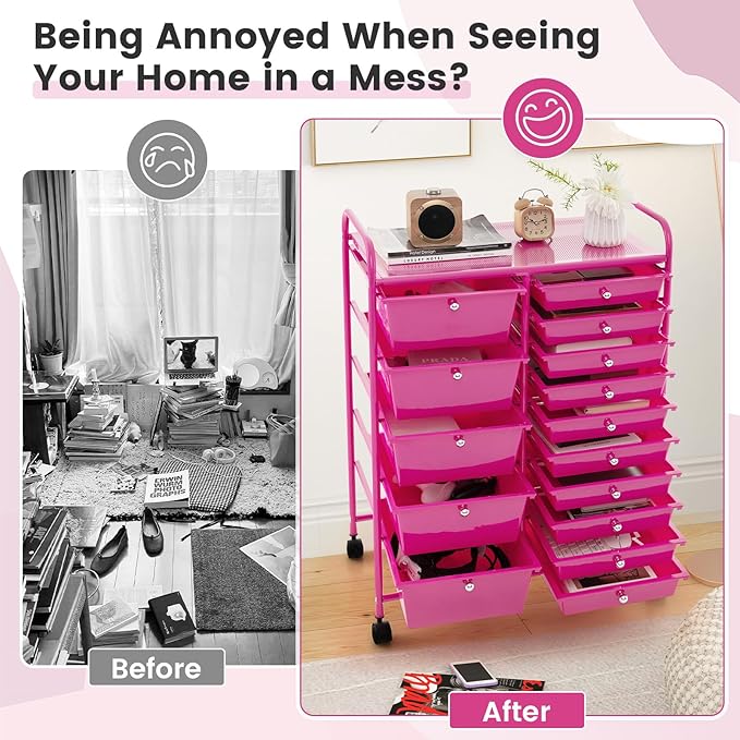 GOFLAME 15-Drawer Rolling Storage Cart, Craft Storage Cart with Removable Drawers & Lockable Wheels, Art Cart Supply Storage Organizer for Home Office Classroom, Hot Pink
