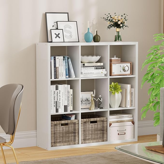 Jpiziso 9-Cube Storage Organizer, Wooden Cube Shelf Bookcase with Reinforced Thick Shelves, Heavy-Duty 36.93" L x 9.37" W x 36.93" H, for Living Room Bedroom Home Office, White