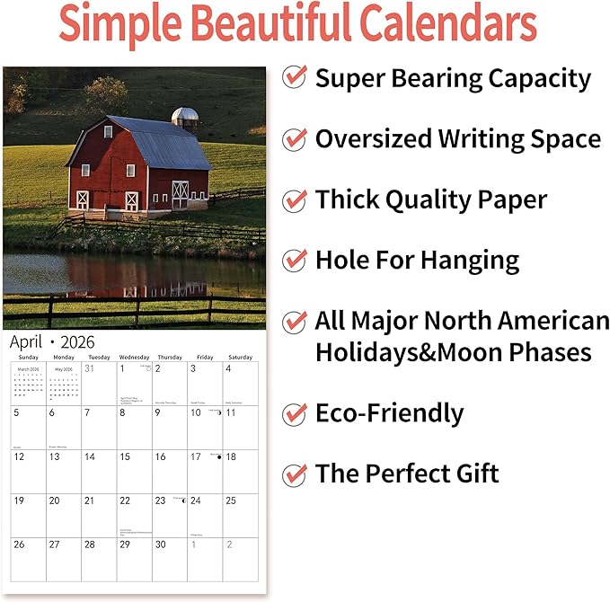 2026 Wall Calendar,Calendar 2026, November 2025 - December 2026, Wall Calendar Barns, 12" x 24" Opened,Full Page Months Thick & Sturdy Paper for Calendar Organizing & Planning