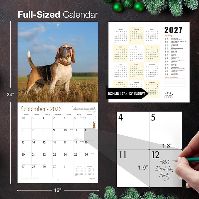 MICASA PRESS Beagles 2026 Wall Calendar 12 Month | 12" x 24" Open | Thick & Sturdy Paper | Holiday Gift | Cute Puppy Dog Calendar 2026