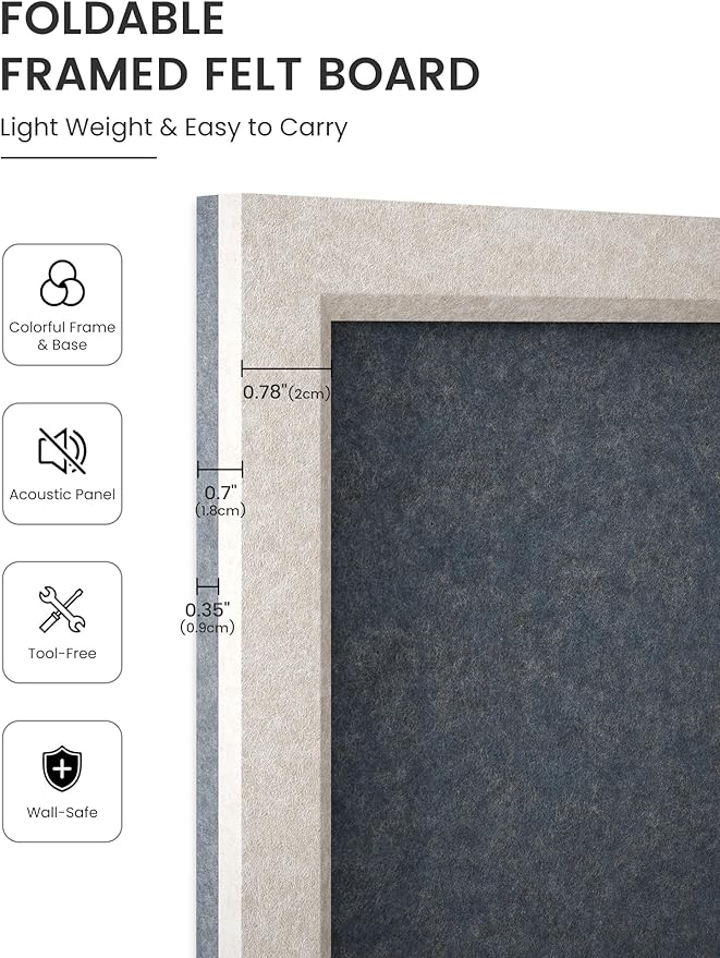 Fluxynara Felt Cork Board Alternative, Felt Bulletin Board 16" x 12" Oatmeal Frame with 8 Adhesive Tabs, Pin Board for Home Office, Classroom, Entryway, Kitchen Wall Decor—Navy Blue