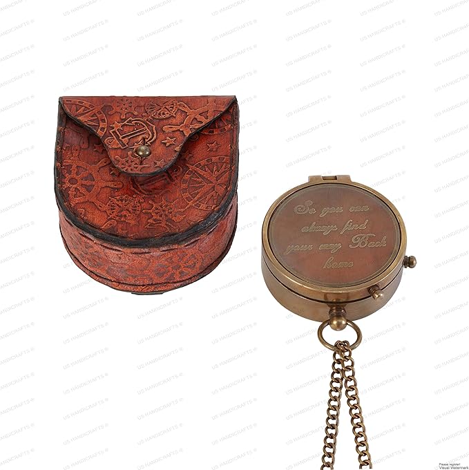 US HANDICRAFTS Brass Camping Compass, Engraved with Leather Case, Antique Finish, Perfect for Outdoor Adventures