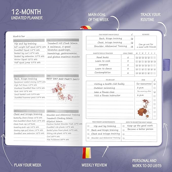 Undated Luxurious Weekly & Monthly Planner to Increase Productivity Hit Your Goals, Organizer Notebook Gratitude Journal Time Management Start Anytime, A5, Lasts 1 Year