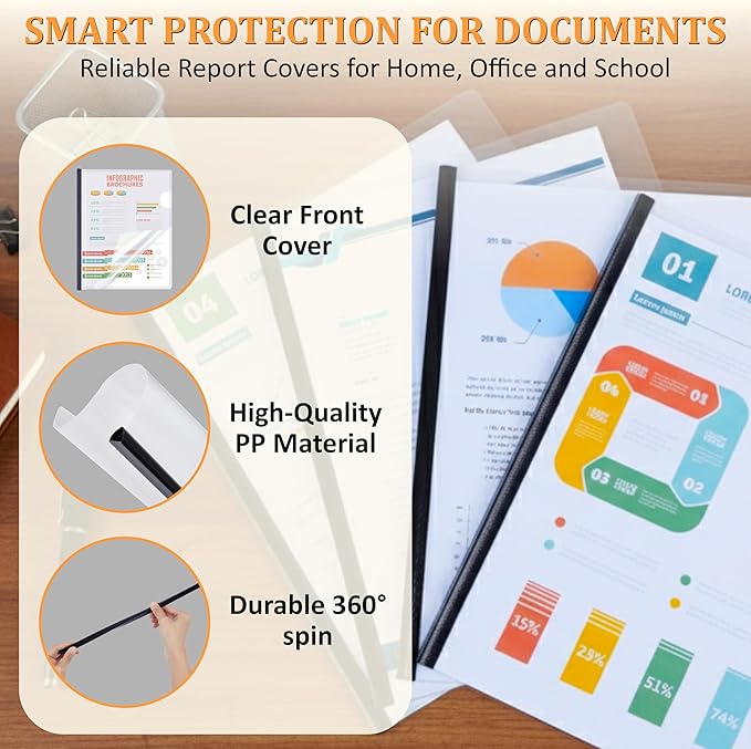 20 Pack Report Covers with Sliding Bar - Clear Plastic Presentation Folders for A4 & Letter Size Paper, 70 Sheet Capacity File Document Binder for School, Office, Resume & Business Use