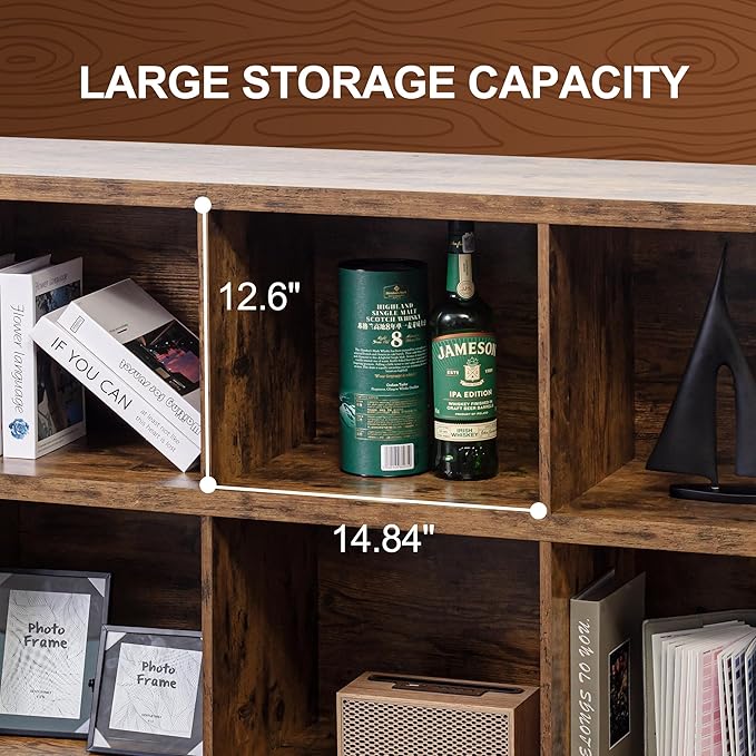 VAKATRELL 8 Cube Storage Organizer Bookshelf, Industrial Horizontal Bookcase, Accent Cubby Shelf, Media Console Table for Living Room, Home Office, 13.6" D x 63" W x 30.9" H, Rustic Brown