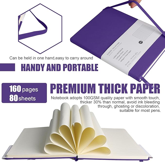EMOMAS Lined Journal Notebook, 10Pack Hardcover Notebook for Men & Women – Journals for Writing, Work, School, Home & Daily Notes, 160 Pages – Medium A5, 5.7"x8", 100 gsm Thick Paper (Purple)