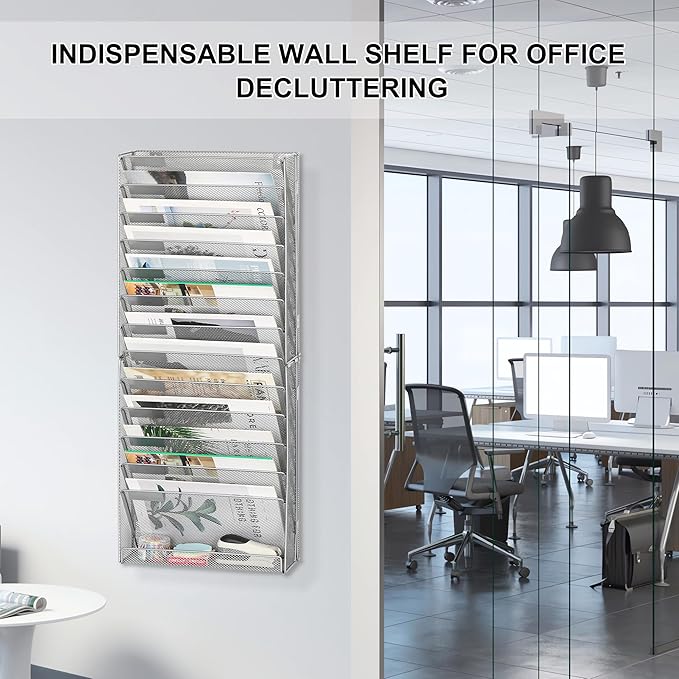 EasyPAG Wall File Holder 14 Tier Mesh Hanging Folder Organizer with Flat Tray Wall Mounted Mail Organizer Magazine Paper Desk Shelf with Nametag Label for Office Home School, Silver