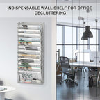 EasyPAG Wall File Holder 14 Tier Mesh Hanging Folder Organizer with Flat Tray Wall Mounted Mail Organizer Magazine Paper Desk Shelf with Nametag Label for Office Home School, Silver
