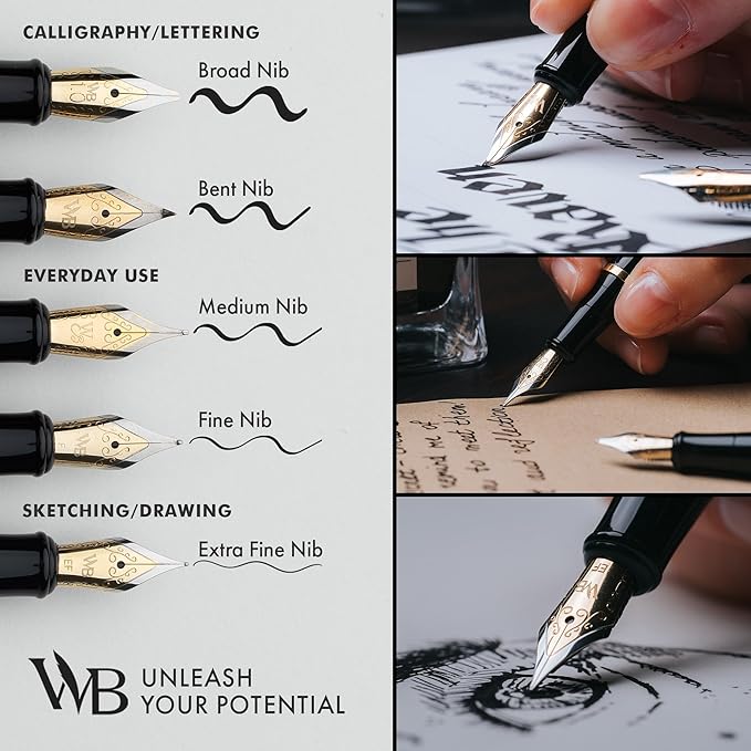 Wordsworth & Black Fountain Pen Set, 18K Gilded Broad Nib, Includes 24 Pack Ink Cartridges, Ink Refill Converter & Gift Box, Gold Finish, Calligraphy, [Black Gold], Perfect for Men & Women