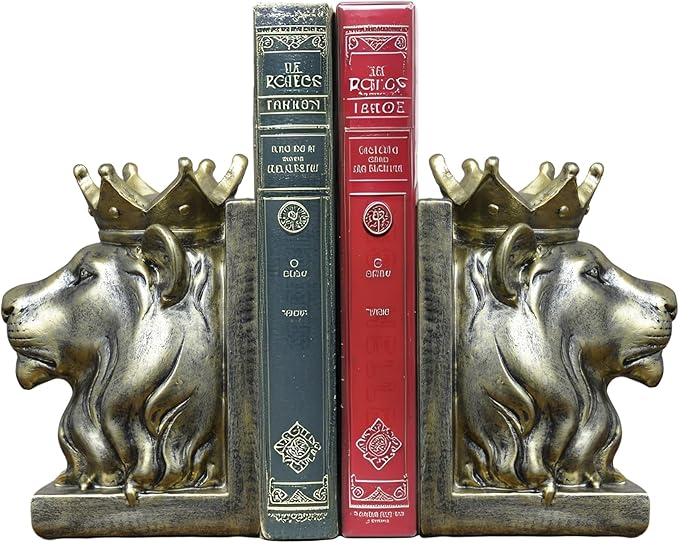 Kakizzy Vintage Gold Lion Book Ends,Animal Decorative Bookends,Resin Book Holder,Luxurious Book Ends for Shelves Rooms Office Home Decor,Unique Book Lover Gift(Gold Lion)