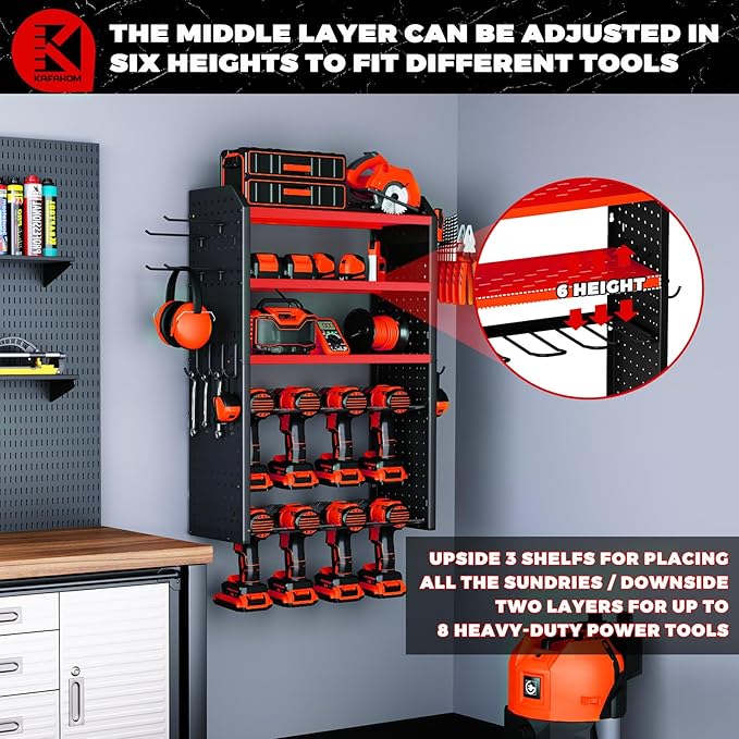 KAFAHOM Power Tool Organizer, Large 8 Drill Holder Wall Mount with 2 Side Pegboards,5 Layer Heavy Duty Metal Tool Storage Rack, Tool Shelf for Garage Organization, Utility Battery Shelves - Red