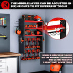 KAFAHOM Power Tool Organizer, Large 8 Drill Holder Wall Mount with 2 Side Pegboards,5 Layer Heavy Duty Metal Tool Storage Rack, Tool Shelf for Garage Organization, Utility Battery Shelves - Red
