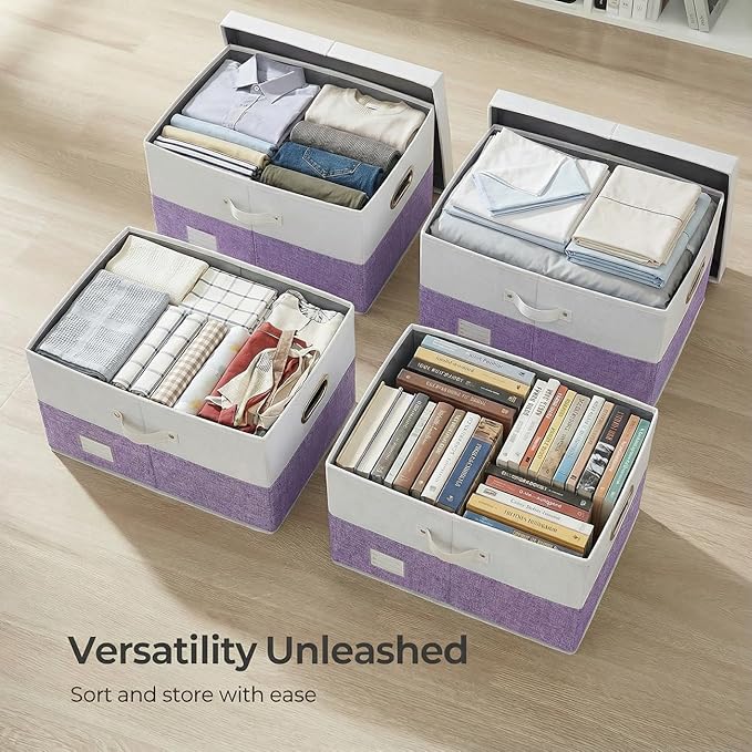 PRANDOM Storage Bins with Lids [3-Pack] Linen Fabric Foldable Storage Boxes Organizer Containers Baskets Cube with Cover for Bedroom Closet Office White&Purple (23.4X15.9X11.4)