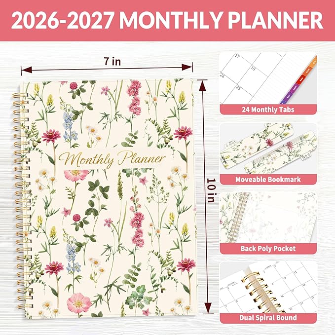SUNEE 2026-2027 Planner - 24 Months (Jan 2026 - Dec 2027) - 7"x10" Monthly Spreads & Yearly Planner, Wildflowers