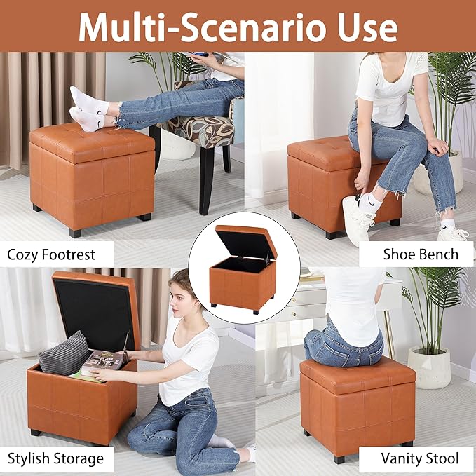 Homebeez Faux Leather Lift Top Storage Ottoman Bench with Solid Wood Frame & Tufted PU - 17.3 Inch Cube Footrest, Seat, with Metal Hinges for Living Room, Bedroom, Dorm | Orange Brown