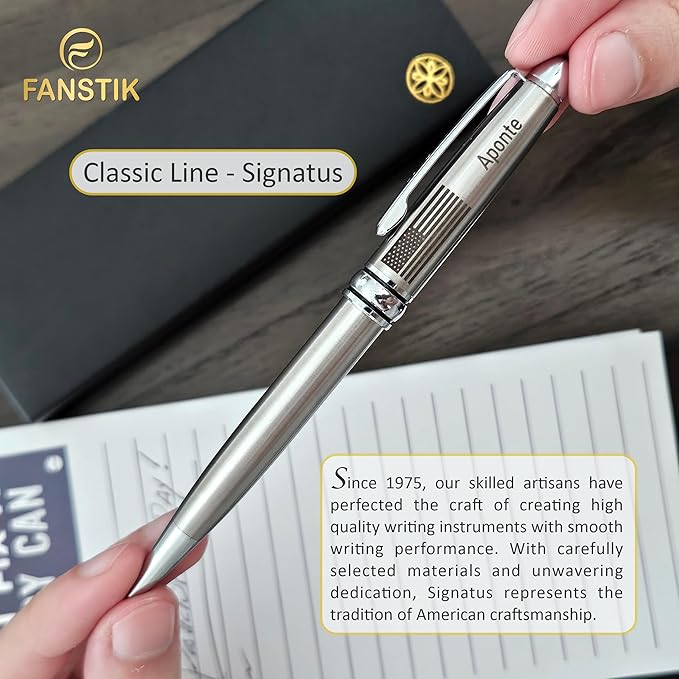 FANSTIK Customized BallPoint pen with name and US Flag (MADE IN USA), stainless steel, silver, luxury engraved pen personalized for men and for women. (BallPoint US-Flag)