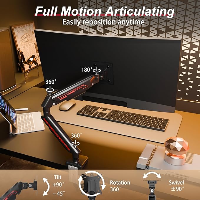 Fydeamer Monitor Arm for 17-35" Screens up to 24.2 lbs, Ergonomic Gas Spring Monitor Stand with Height Adjust, Tilt, Swivel & Cable Management, VESA Desk Mount with 2 Types of Installation, Black