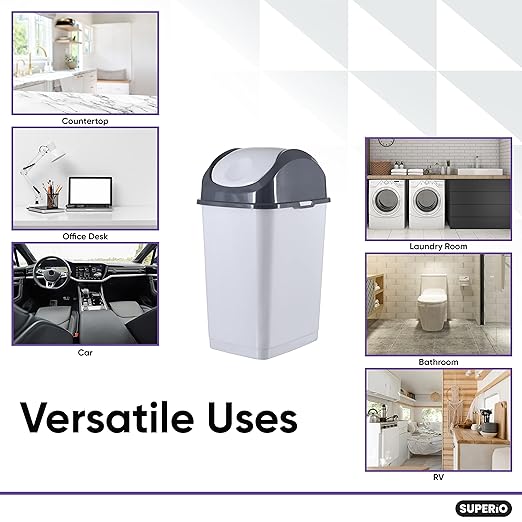 Superio 1.25 Gal Mini Plastic Trash Can with Swing Top Lid, Small Grey Waste Bin for Countertop, Desk, Vanity, Bathroom 5 Quart (WhiteSmoke/Grey)