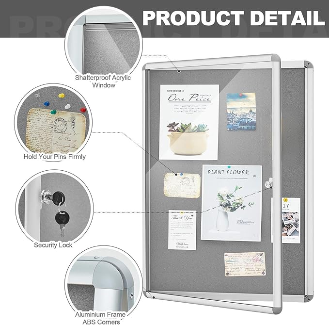 Geetery 24 x 18 Inch Enclosed Fabric Bulletin Board Tamperproof Lockable Noticeboard Fabric&Aluminium Frame Display Cases Wall-Mounted Display for School, Office Secure, Durable
