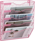 EASEPRES Mail Organizer Wall Mount Hanging File Holder Storage, Metal Chicken Wire Magazine Rack 5 Tier, Pink
