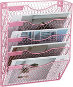 EASEPRES Mail Organizer Wall Mount Hanging File Holder Storage, Metal Chicken Wire Magazine Rack 5 Tier, Pink