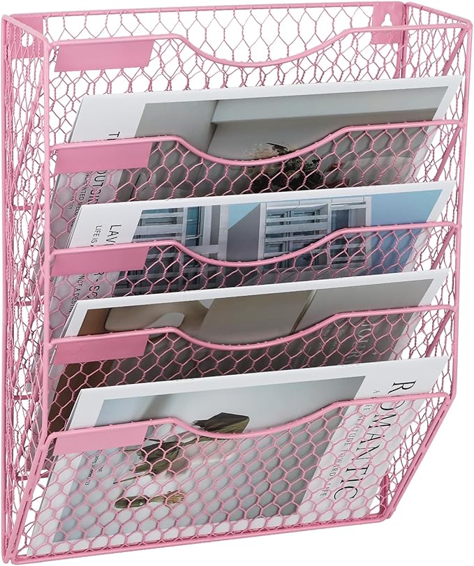 EASEPRES Mail Organizer Wall Mount Hanging File Holder Storage, Metal Chicken Wire Magazine Rack 5 Tier, Pink