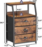 Furnulem Nightstand with 3 Drawers and 2-Tier Shelf, Fabric Small Dresser Organizer Vertical Storage Tower for Bedroom, Closet, Hallway, Nursery, End Table Side Furniture, Sturdy Steel Frame, Wood Top