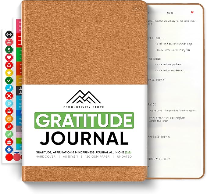 Gratitude & Self-Care Journal - Guided Mindfulness & Mental Health Journal All-in-One with Prompts for Self Discovery - Daily Journal for Men & Women by PRODUCTIVITY STORE (A5, Brown)