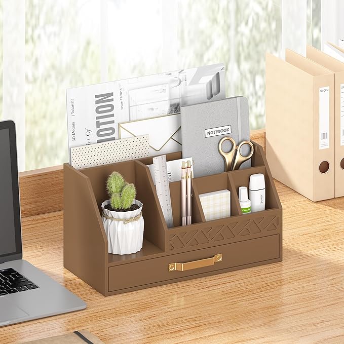 Wisuce Bamboo Mail Organizer Countertop with Drawers, Wooden Desk Organizer File Bill Sorter Storage Box for Desktop Letter Envelope Countertop Holder for Office Home School Organization