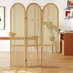 3-Panel Hand-Woven Rattan Room Divider, Tall Foldable Privacy Screen with Wooden Frame - Freestanding Portable Partition for Home Office, Bedroom, Bathroom(Natural-Pine)