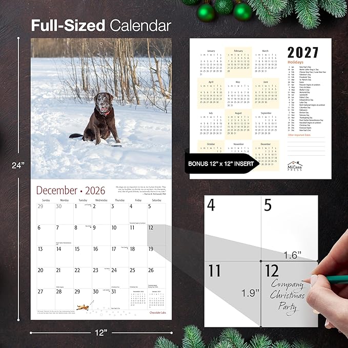 MICASA PRESS Chocolate Labs 2026 Wall Calendar 12 Month | 12" x 24" Open | Thick & Sturdy Paper | Holiday Gift | Cute Labrador Retriever Puppy Dog Calendar 2026