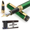 Dryden Designs Fountain Pen - Medium and Fine Nibs | Includes 24 Ink Cartridges and Ink Refill Converter | Calligraphy Pen, Consistent Writing, Smooth Flow - Emerald Green.