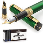 Dryden Designs Fountain Pen - Medium and Fine Nibs | Includes 24 Ink Cartridges and Ink Refill Converter | Calligraphy Pen, Consistent Writing, Smooth Flow - Emerald Green.