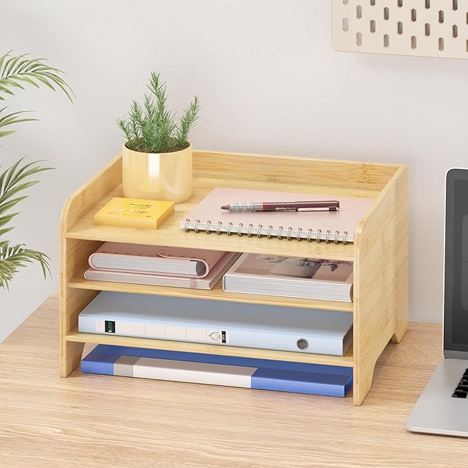Wisuce Essentials Bamboo Desk Organizer Mail Holder Countertop Letter Tray File Organizer for Desk Letter Sorter Paper File Storage for School Home Office Supplies