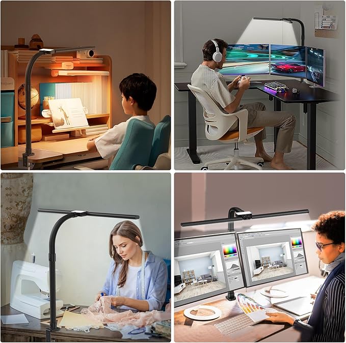 AKRRYR Led Desk Lamp for Home Office,24W Bright Eye-Caring Desk Light with Clamp,5 brightness and 5 temperatures Dimmable Workbench Task Light, Adjustable Gooseneck Table Lamp for Monitor Study(black)