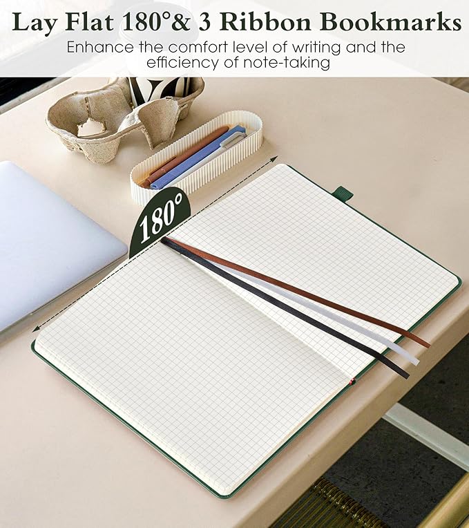 PAIBAS Graph Notebook for Women Men, 160 Pages Grid Paper, Graphing Notebooks for School, Work, Quad Ruled, Inner Pocket, A5 Hardcover Vintage Leather Journals for Writing, 5.8"x8.5" (Green)