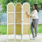 Svimi Room Dividers and Folding Privacy Screens, Pine Wood 5.6 Ft Double Hinged Rattan Partition Freestanding Wall Room Divider for Home - 3 Panels (White)