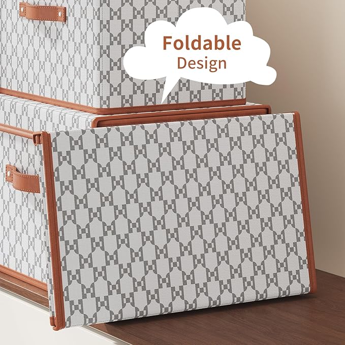 Tuza 4 Pack Fabric Storage Bins with Lids, Collapsible Closet Organizer Container, Decorative Storage Boxes with Lids for Organizing Clothes, Blanket, Grey & White, Extra Large