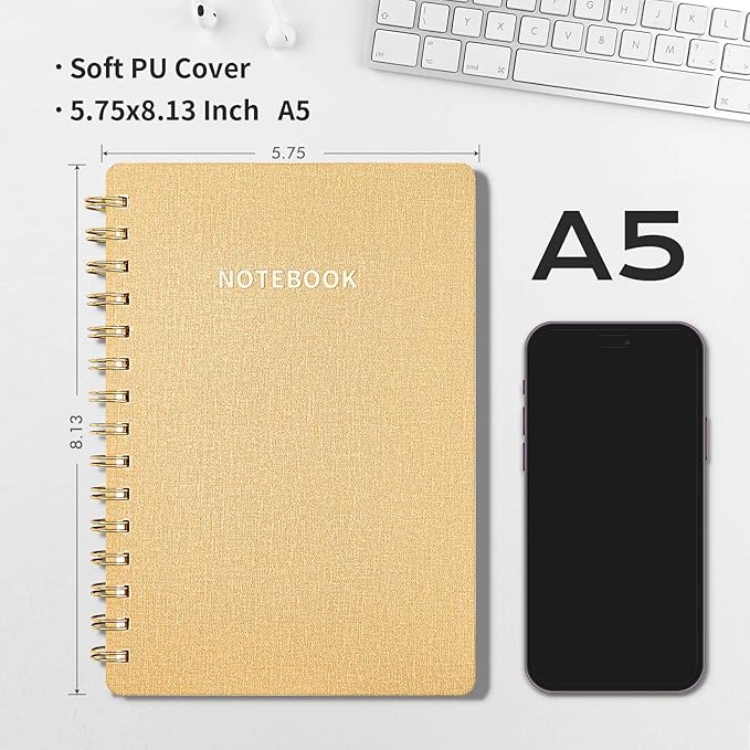 Spiral Notebook-5.75" x 8.125" College Ruled Journal with Inner Pockets and 160 Pages,PU Leather Cover Business Journal, Twin-Wire Binding Notebook Perfect for Office & Home School Supplies Khaki