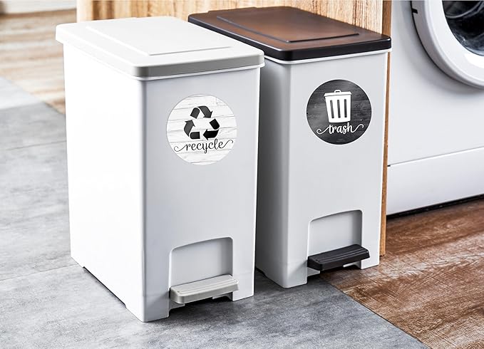 Farmhouse Recycling Stickers for Trash Can & Bins, 3.5" Recycle Stickers for Trash Bins, Laminated Recycle Sticker for Kitchen Garbage Can Recycling Bin Combo, Made in USA, Black & White Wood