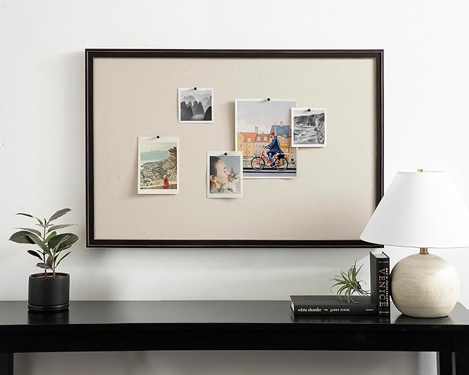 Kate and Laurel Oakhurst Rectangle Framed Linen Fabric Pinboard; 24 x 36; Distressed Black; Traditional Decorative Bulletin Board with Stepped Profile and Lightly Distressed Finish